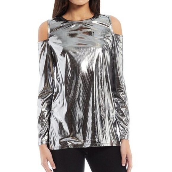 MICHAEL Michael Kors Tops - NWT MICHAEL Michael Kors Slick Foil Long Sleeve Cold Shoulder Top in Silver